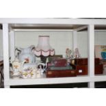 Collection including toilet jug and bowl, table lamp, writing box, cutlery, pair of bisque figures,