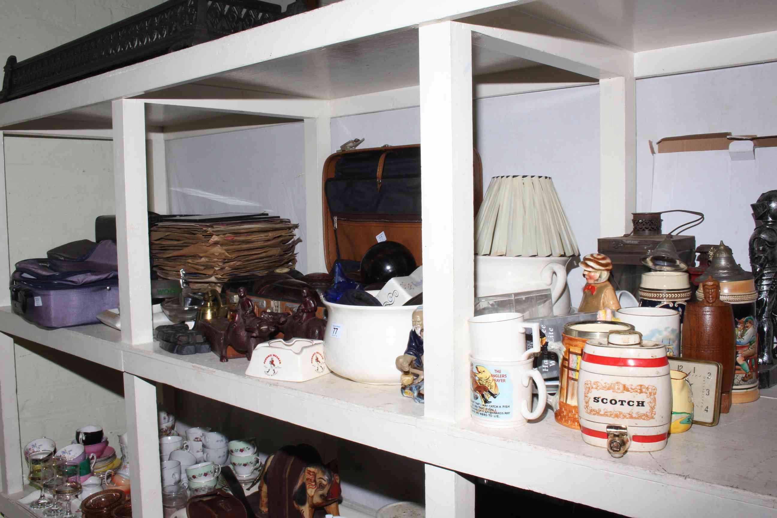 Shelf assortment of wood bowls, 78 records, advert ashtrays, lantern, steins, ceramics, etc.