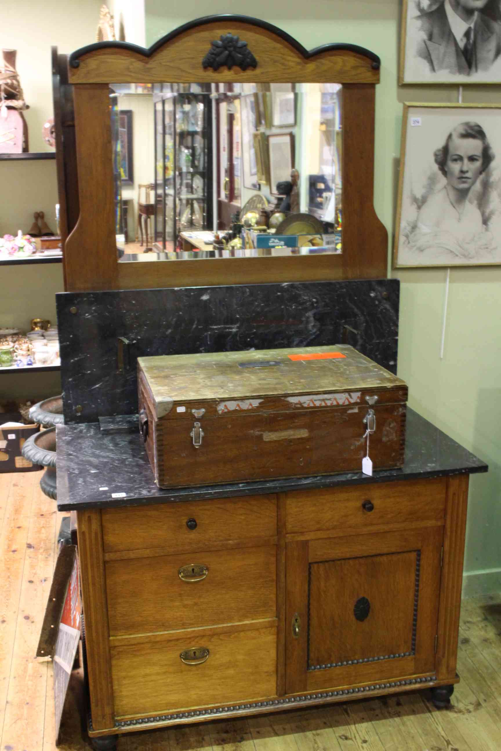 Oak marble topped and mirror backed washstand, 196cm by 110cm.