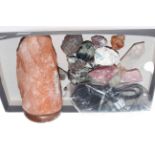 Box of crystals, and, Himalayan salt lamp.