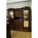 Late Victorian 7ft mirror door wardrobe together with dressing table and marble topped and tiled