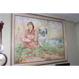 RONNIE BROWNE, watercolour of prominent figure and dog in Sydney landscape, framed,