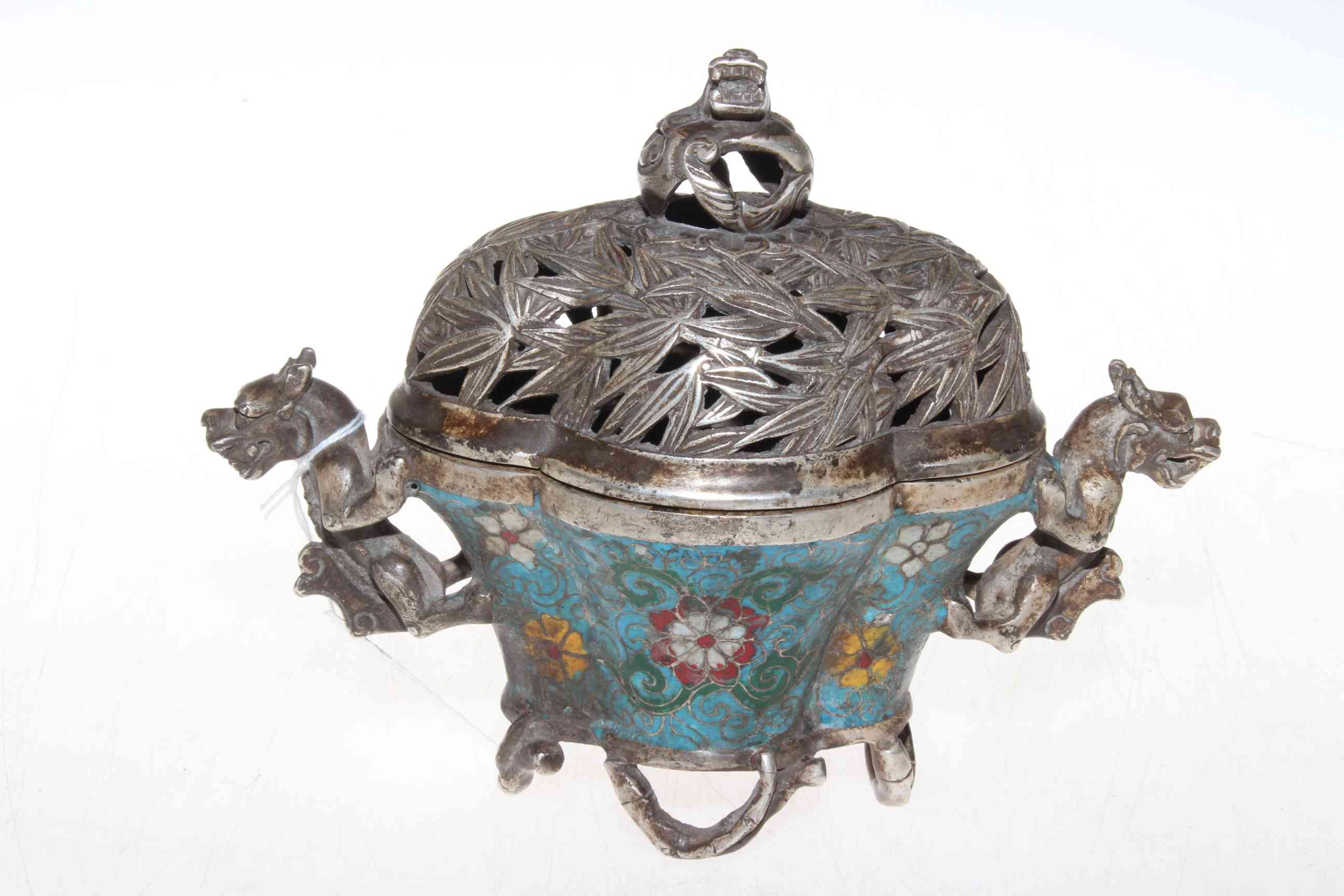 Chinese white metal and enamel censor with beast handles, 15cm height.