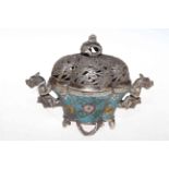 Chinese white metal and enamel censor with beast handles, 15cm height.