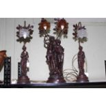 Garniture of figural table lamps with glass shades.