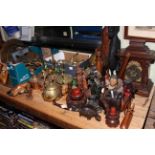 Assortment of brass, copper kettles, wall plaques, mantel clock, globe, tribal art, etc.