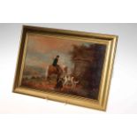 Small oil on canvas of green coat hunter with two dogs, 20cm by 30cm, gilt frame.