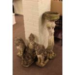 Small pair of garden lions, figural bird bath and gnome figure (4).