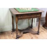 Antique oak side table with frieze drawer, on turned legs with stretcher, 80cm wide.
