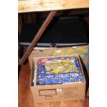 Two boxes of loose worldwide stamps, Weetabix toy car set,