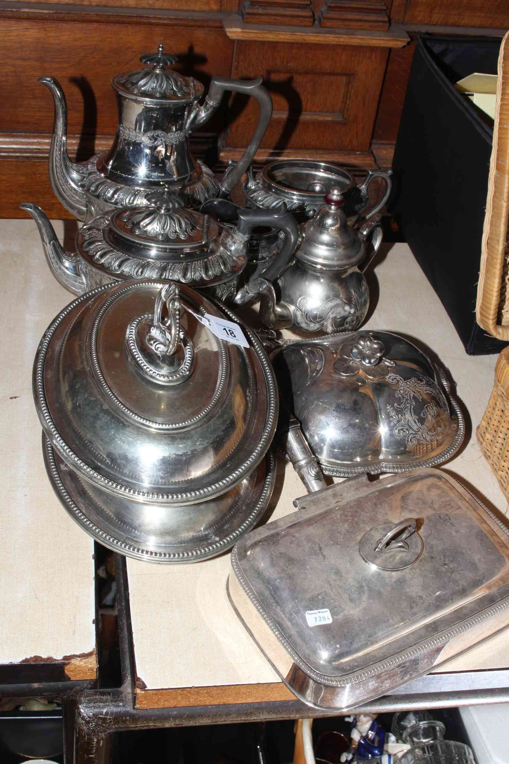 Silver plated four piece tea service, pair of entree dishes, etc.