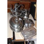 Silver plated four piece tea service, pair of entree dishes, etc.