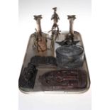 Pair of silver plated candlesticks, embossed tobacco box, frog desk stand, figures, carvings, etc.
