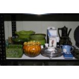 Collection of Bretby pottery planters, Dartington glass, Portmeirion Totem coffee set, Aynsley,