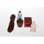 Five Chinese items; two scent bottles, figure, scoop, and, match holder.