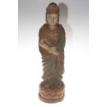 Large Chinese carved wood Guanyin figure, having coloured features, 59cm.