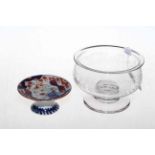 Antique engraved glass finger bowl and Imari pattern patch stand (2).