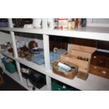 Shelf assortment including miniatures, sewing boxes, ceramics, glass, scales,
