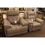 Pair of grey leather La-z-boy electric reclining armchairs, one of which also rocks and swivels.