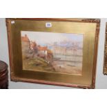 E NEVIL, watercolour of Whitby with smoking chimneys, signed, 25cm by 37cm, gilt frame.