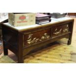 Oriental mahogany centre table with gilt painted and bird applied decoration to two sliding
