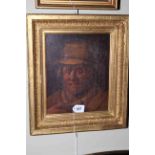Antique oil on panel of countryman, 32cm by 26cm, gilt frame.