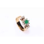 18 carat yellow gold flower set emerald and diamond ring,