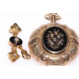 Ornate 14k gold fob watch, the dial cover with diamond chip on black enamel ground,