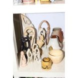 Four pieces of Studio Pottery and collection of soapstone sculptures.
