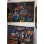 Pair very large textile pictures in colourful primitive style and featuring a flower seller and