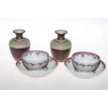 Pair Newhall polychrome tea bowls and saucers and pair small Doulton Silicon vases.