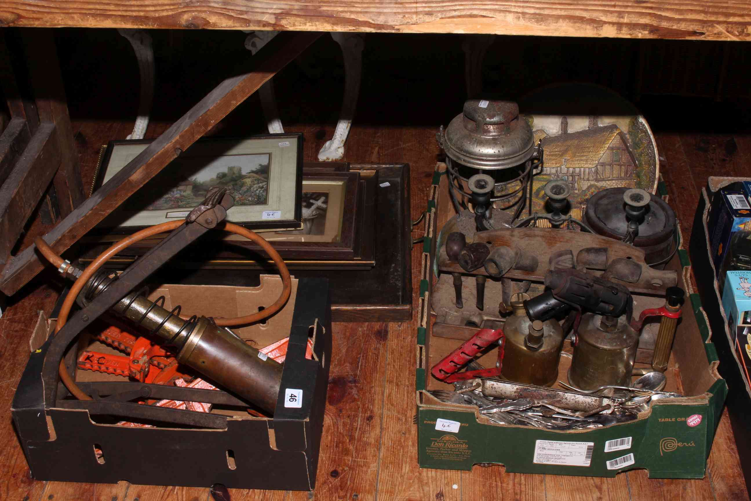 Assortment of tools, cutlery, blow lamps, prints, pipes and stand, etc.