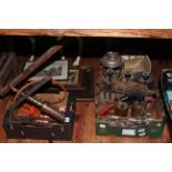 Assortment of tools, cutlery, blow lamps, prints, pipes and stand, etc.