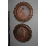 Attractive pair of circular gilt framed Edwardian prints of maiden in poppy meadow and collecting