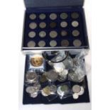 Coin collectors box with five trays of silver coins, medals, and, commemorative's,