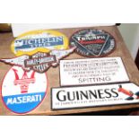 Six cast iron signs including motoring, breweriana and railway interest.