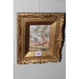 Small gilt framed watercolour of figures and horses in farmyard scene, BF monogram,