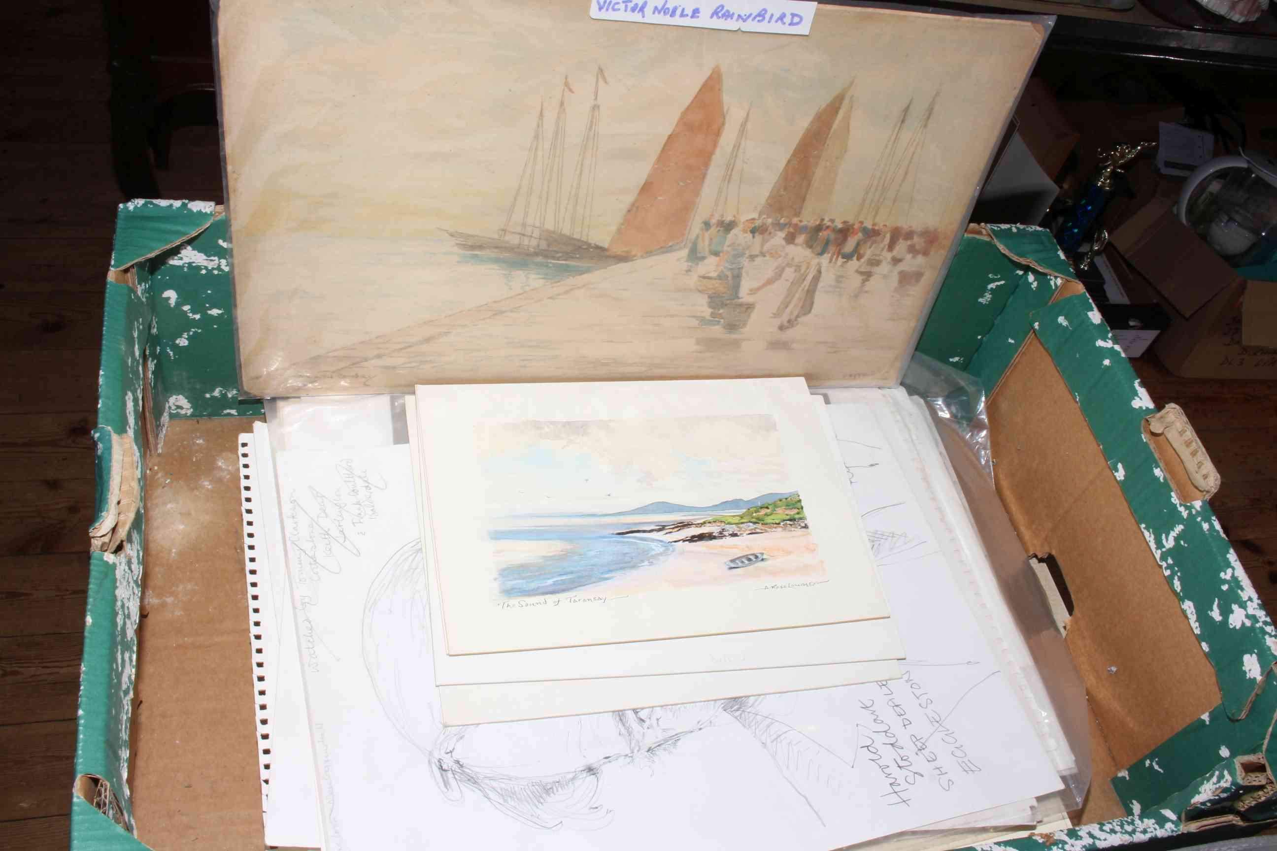 Box of watercolours paintings and pencil sketches including Victor Noble Rainbird together with