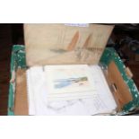 Box of watercolours paintings and pencil sketches including Victor Noble Rainbird together with