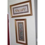 Pair gilt framed Oriental silkworks.