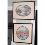 Pair framed landscape watercolour, one circular and one oval.