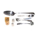 Silver Old English pattern tablespoon, London 1904, pair of silver salt spoons, teaspoon,