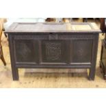 Antique oak triple panel front coffer, 120cm by 73cm.