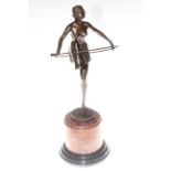 Bronze dancing lady with hoop on marble plinth, 48cm.