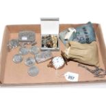 Box of collectables including snuff boxes, coins, watch, etc.