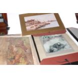 Two portfolios of watercolours, prints, sketches and drawings including The Leam - Leamington by L.