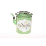 Chinese cylindrical teapot, having two panels of bird and flowers on green and gilt ground.