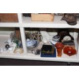 Collection of Carnival Glass, steins, mantel clocks, Staffordshire dog, cased cutlery, microscope,