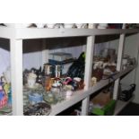 Full shelf of teaware, glassware, four Royal Doulton Ladies, Wedgwood Jasperware, camera, LNER sign,