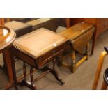 Oak drop leaf coffee table and mahogany leather inset top drop leaf occasional table.